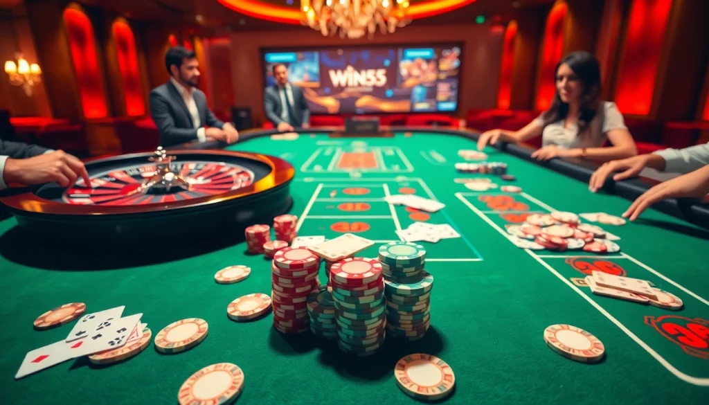 Players enjoy intense blackjack at a luxurious casino, showcasing Win55 branding among high-stakes action.