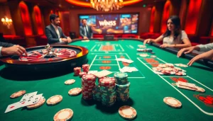 Players enjoy intense blackjack at a luxurious casino, showcasing Win55 branding among high-stakes action.