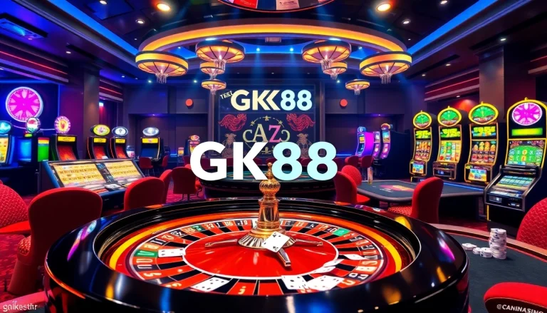 Experience thrilling gameplay at http://gk88t2.com/ with vibrant casino elements like poker chips and a roulette wheel.