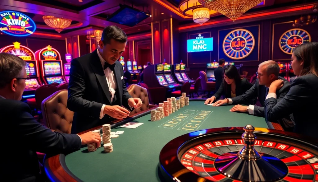 KJC poker table session with intense players and vibrant casino atmosphere.