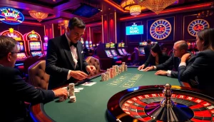 KJC poker table session with intense players and vibrant casino atmosphere.