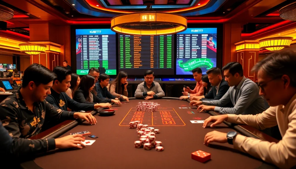 KUBET77 players engaged at a luxurious casino table, highlighting excitement and vibrant gambling activity.