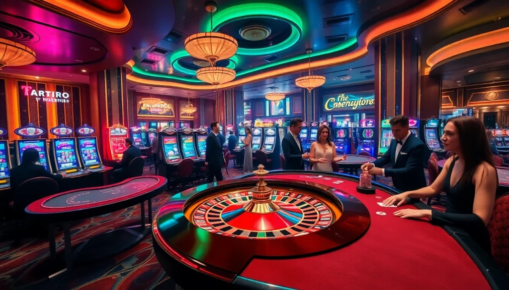 KJC casino excitement with players strategizing at a roulette wheel and slot machines.