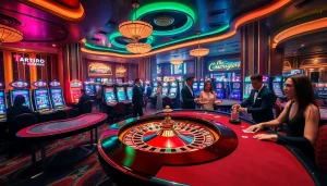 KJC casino excitement with players strategizing at a roulette wheel and slot machines.