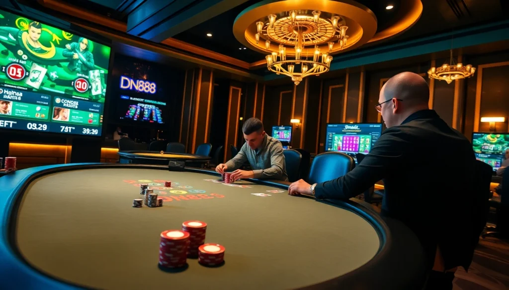 Engage in high-stakes poker at dn888 with vibrant chips and a luxurious casino backdrop.