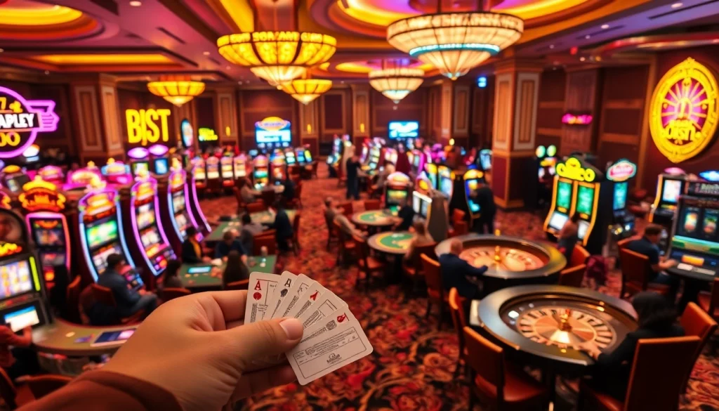 Exciting casino scene showcasing players at tables while highlighting https://f1682.email/ gambling strategies.