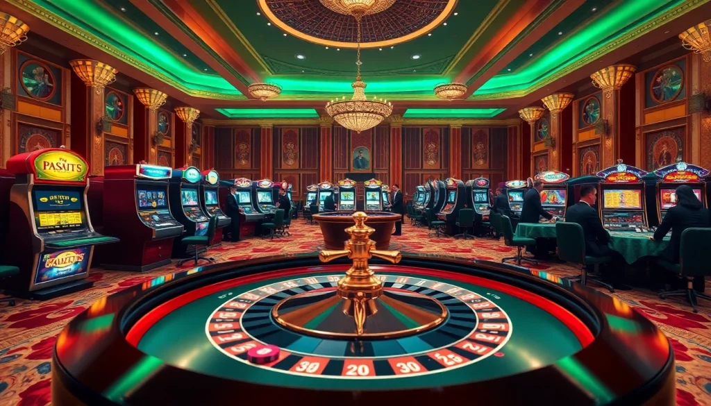 The thrilling ambiance of a luxurious casino at https://s8ok.com/, showcasing roulette and poker tables amidst vibrant slot machines.