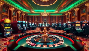The thrilling ambiance of a luxurious casino at https://s8ok.com/, showcasing roulette and poker tables amidst vibrant slot machines.