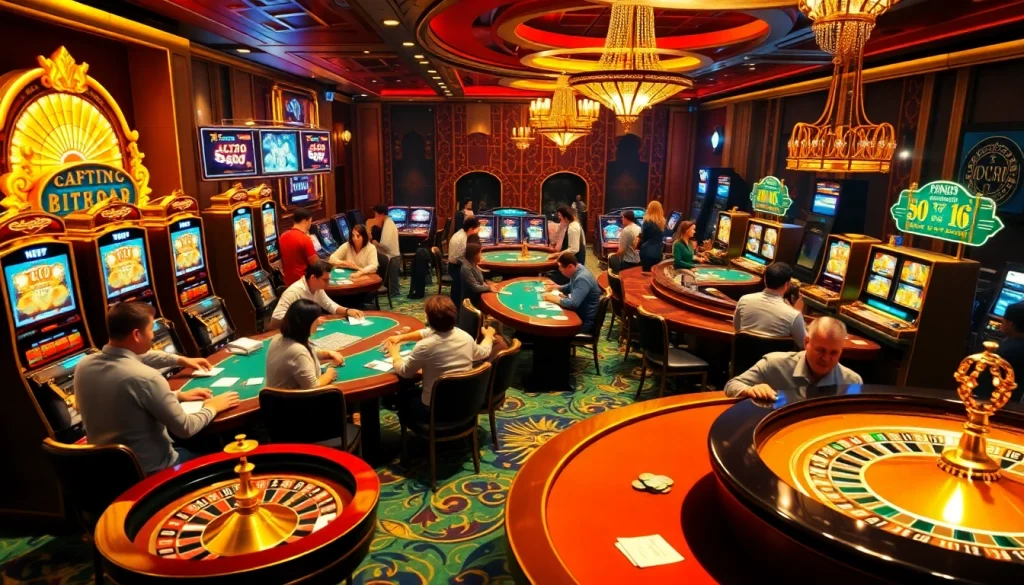 Engage in thrilling casino action with luxury tables and vibrant machines at OKFUN.