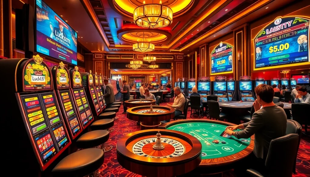 An engaging casino scene showcasing luck8 com's vibrant atmosphere with players enjoying slot machines and poker tables.