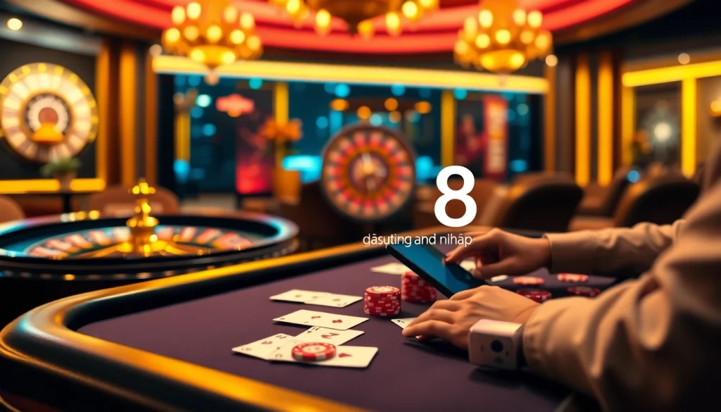 Vibrant scene depicting go8 đăng nhập at a luxurious online casino with poker chips and cards.