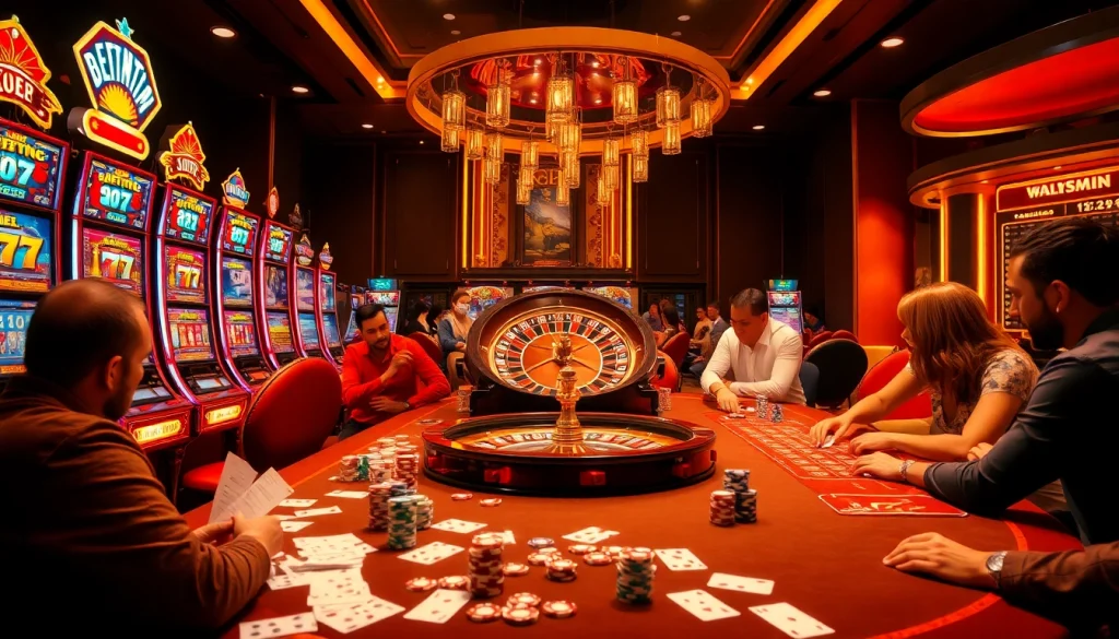 Vibrant casino scene showcasing a thrilling luckywin game experience with players and slot machines.