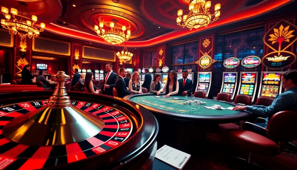 Engage in thrilling games with the vibrant crowd at https://iwincom.net/, surrounded by colorful slot machines and poker tables.