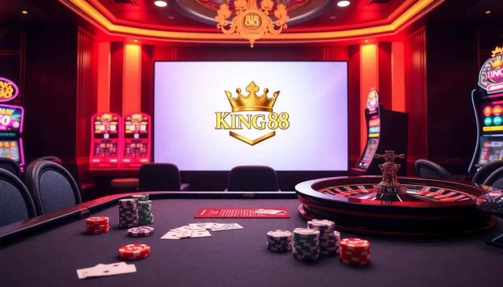 Engage with King 88 at a luxurious casino table filled with vibrant slots, cards, and chips.