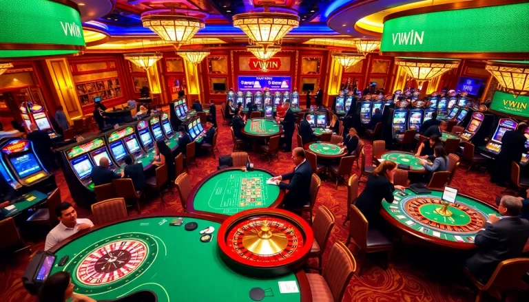 Players enjoying thrilling games at VWIN's luxurious casino floor.