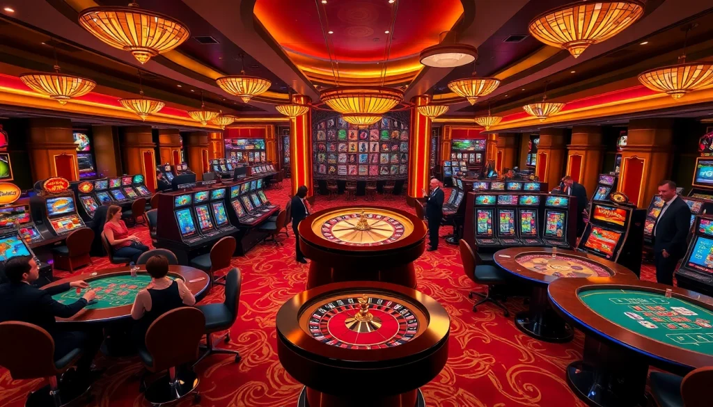 Players engaging in high-stakes action at a luxurious casino featuring nk88 elements for an immersive experience.