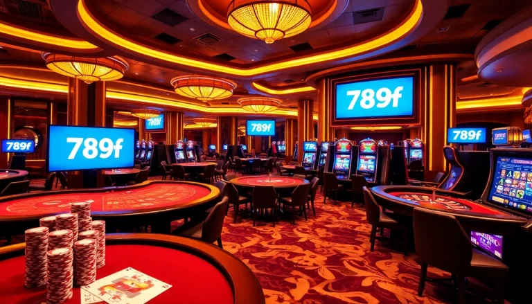 Engaging scene of 789f casino games showcasing poker chips, tables, and a roulette wheel.