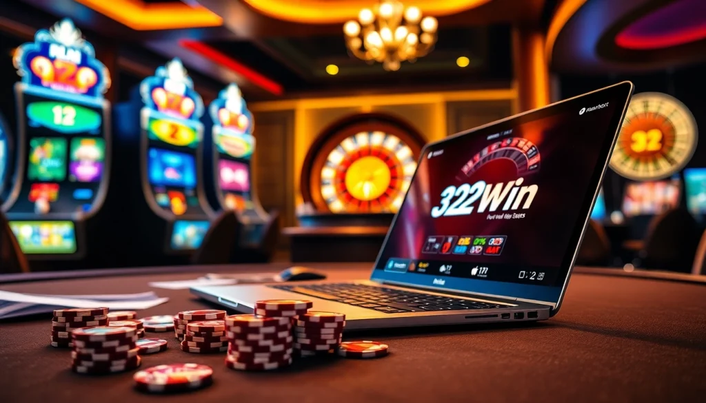 Experience the excitement of gambling at 32Win's luxurious gaming table with vibrant slot machines.
