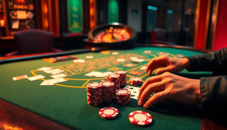 Players enjoying a thrilling game of blackjack at TV88 casino, surrounded by vibrant colors and luxurious decor.