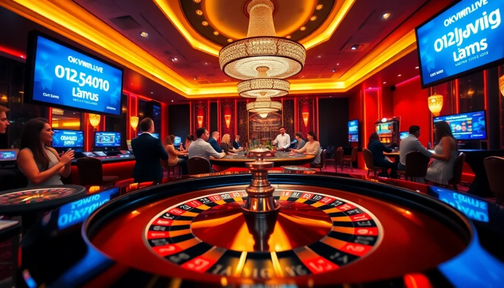 Experience thrilling live gaming at okvipwin.live with an immersive casino scene featuring excited players.