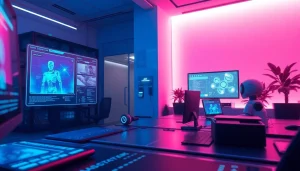 Futuristic workspace showcasing NSFW AI technology with digital interfaces and ambient lighting.