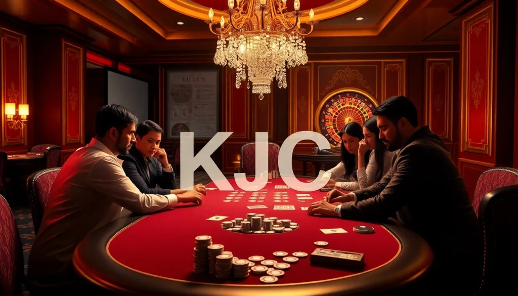 KJC players strategizing in a high-stakes poker game at an elegant casino table.
