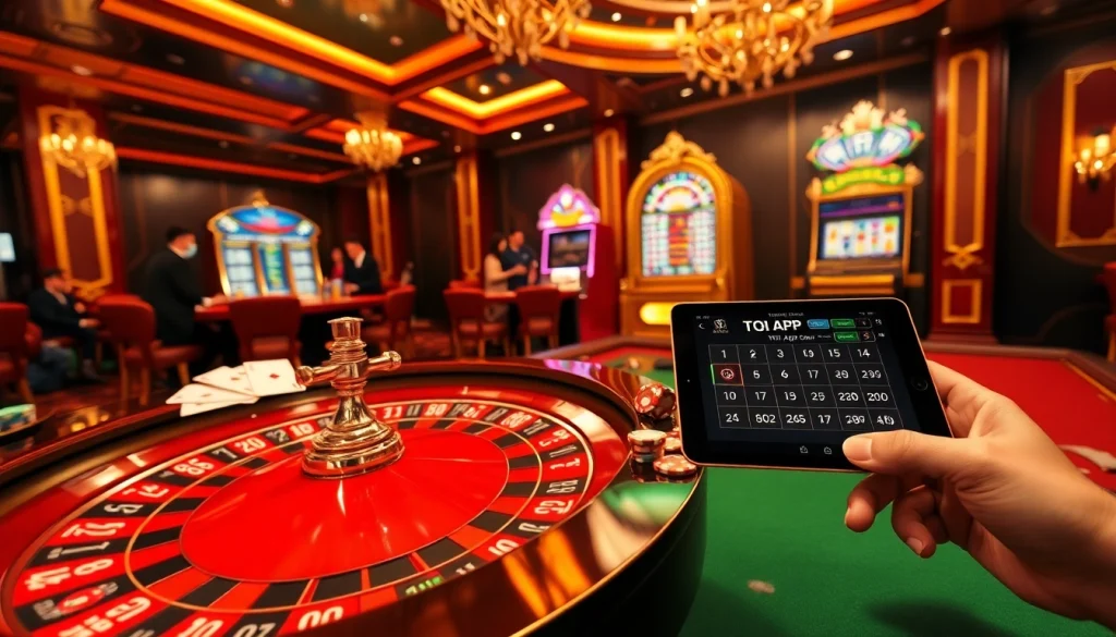 Tải App for an immersive casino experience with vibrant roulette tables and poker chips.