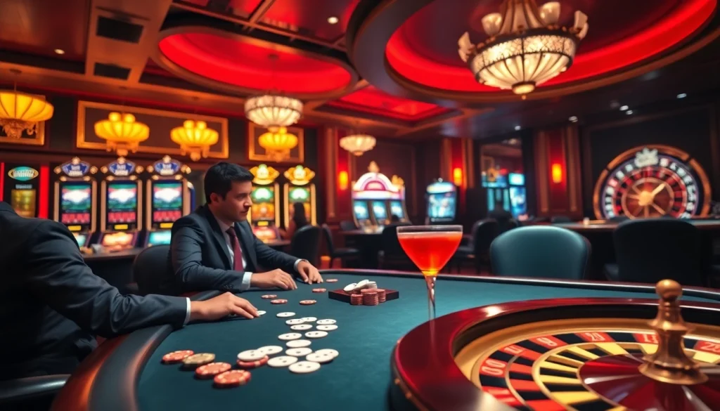 kuwin players enjoy an exciting poker game at a luxurious casino table with vibrant slot machines in the background