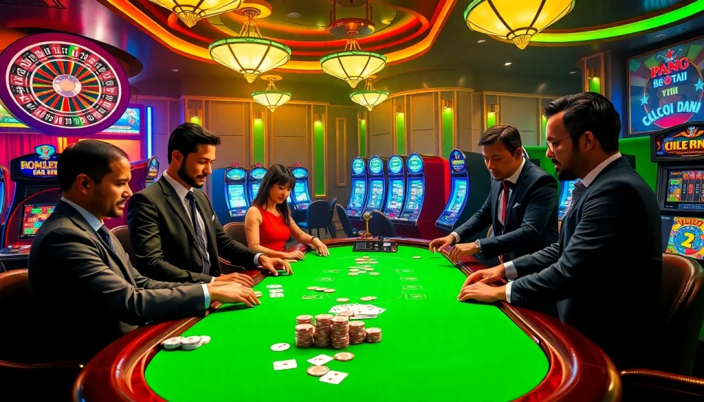 Kèo Bóng Đá highlights at an upscale casino with poker tables, roulette, and slot machines.