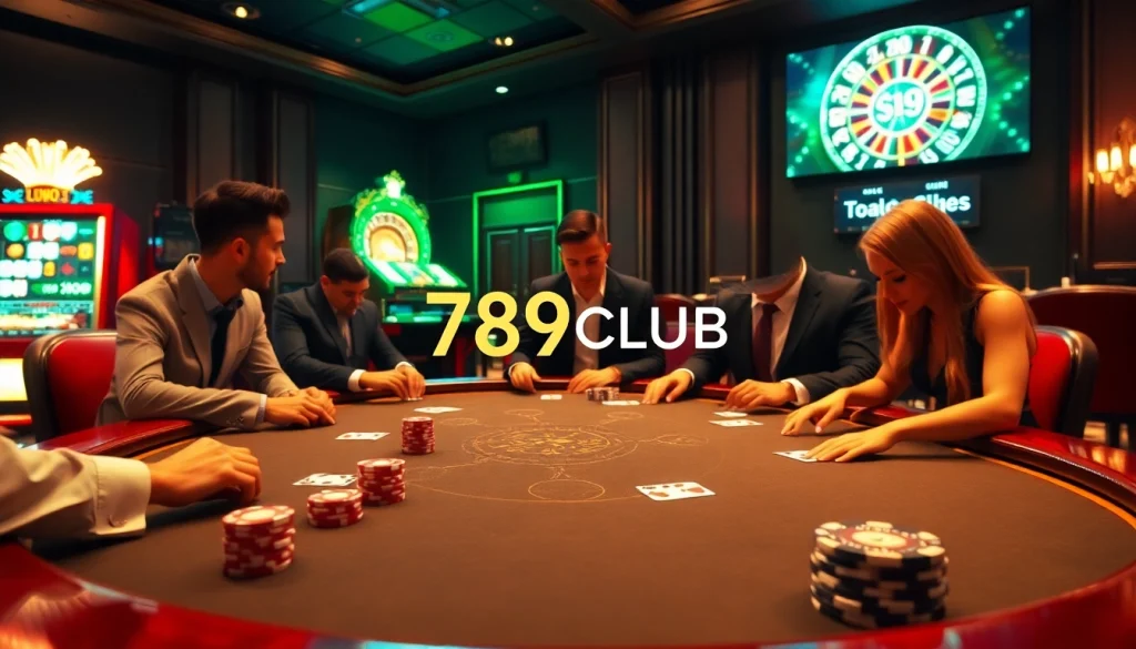 A thrilling poker game at 789CLUB showing focused players with vibrant chips and cards.