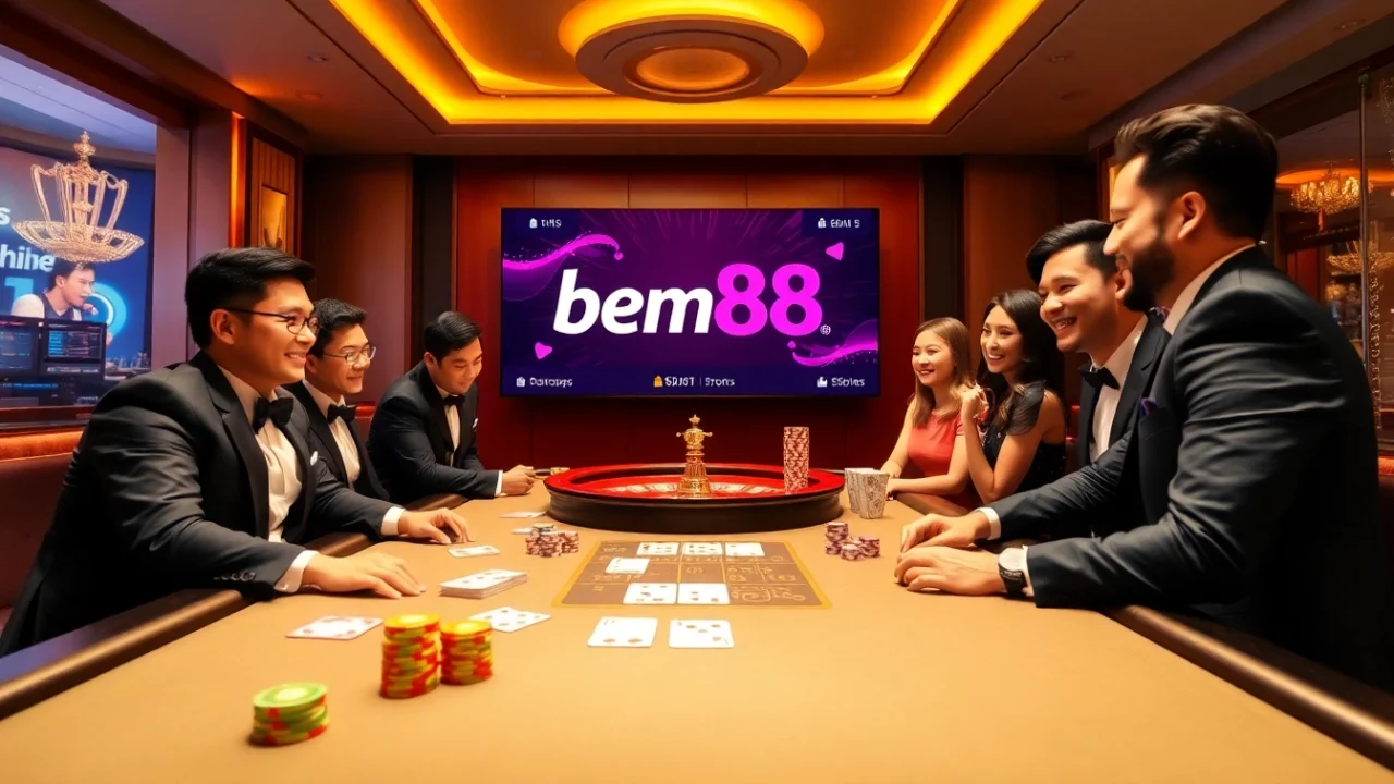 Experience intense blackjack action at bem88, with vibrant chips and players immersed in the thrill.