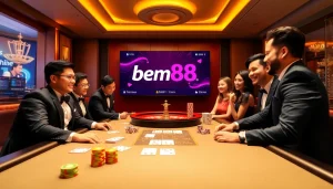 Experience intense blackjack action at bem88, with vibrant chips and players immersed in the thrill.