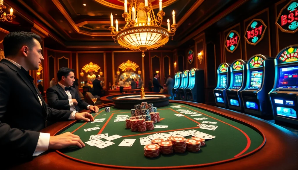 B52-themed poker lounge with elegant players, vibrant chips, and spinning roulette wheel.