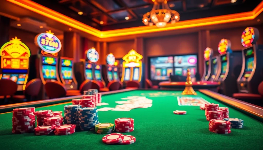 5z777 captures the thrill of online gambling with vibrant casino chips and elegant tables.