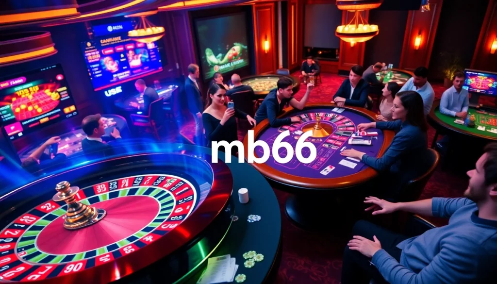 Engaging virtual casino environment featuring mb66 with roulette and blackjack tables.