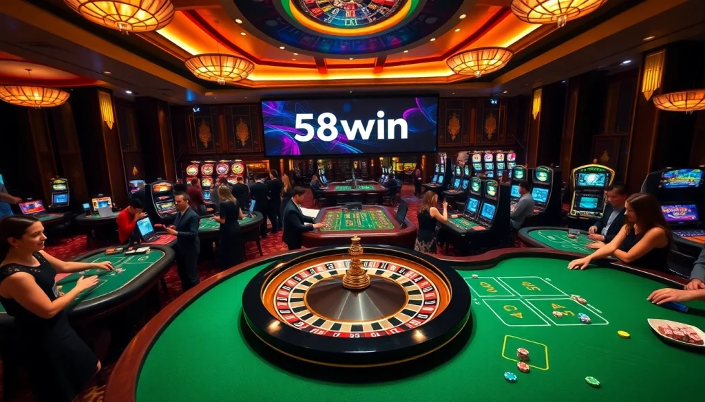 58win casino scene showcasing players enjoying roulette and blackjack in a luxurious setting