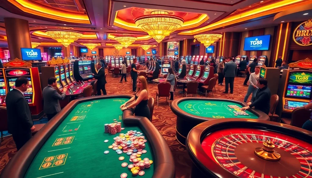 Players enjoy thrilling games at TG88 Casino with vibrant poker tables and slot machines.