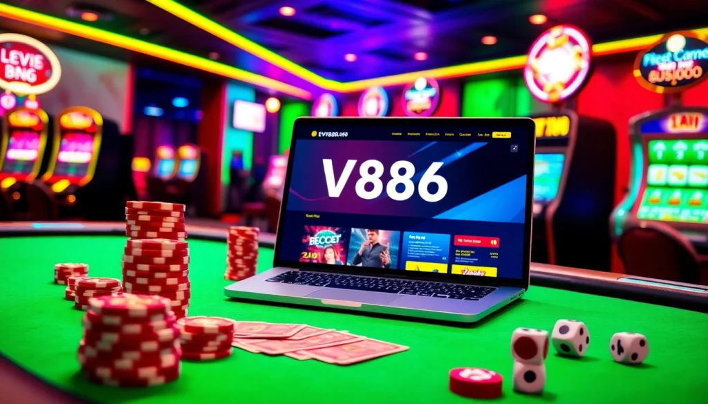 Experience the thrill of EV88 3676 online gambling with vibrant casino visuals and exciting betting elements.