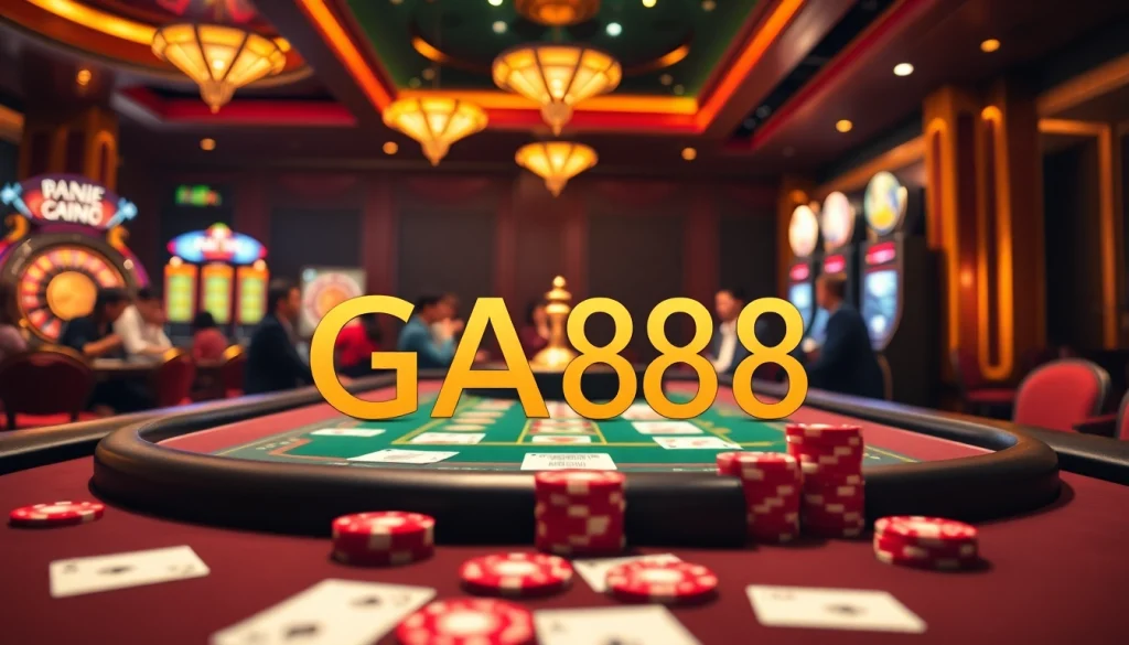 Engaged players enjoying the thrilling games at GA88 casino, featuring poker tables and vibrant chips.