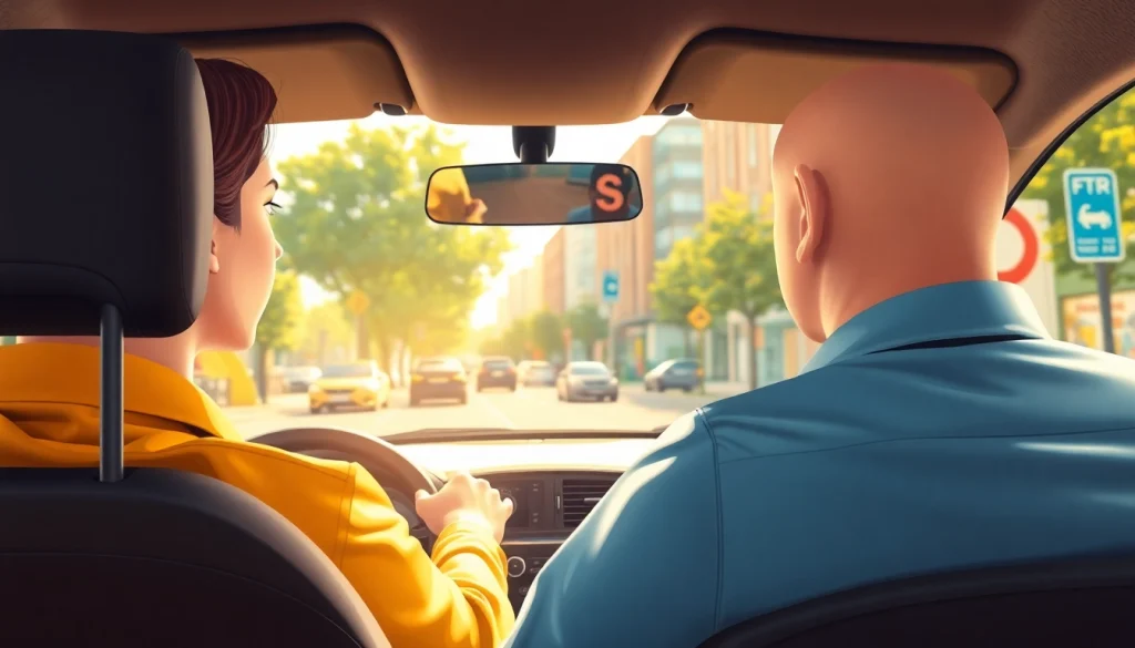 Driving school Leeds instructor teaching a learner in a modern car on a vibrant city street.