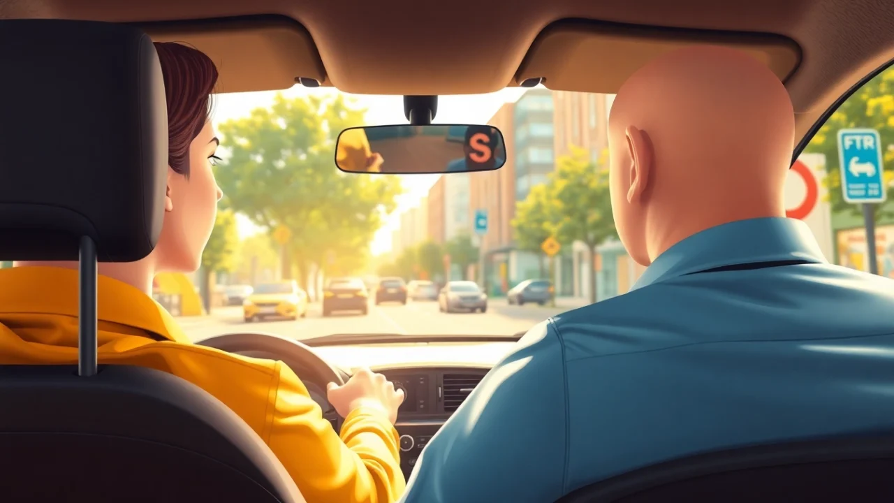 Driving school Leeds instructor teaching a learner in a modern car on a vibrant city street.