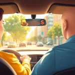 Driving school Leeds instructor teaching a learner in a modern car on a vibrant city street.