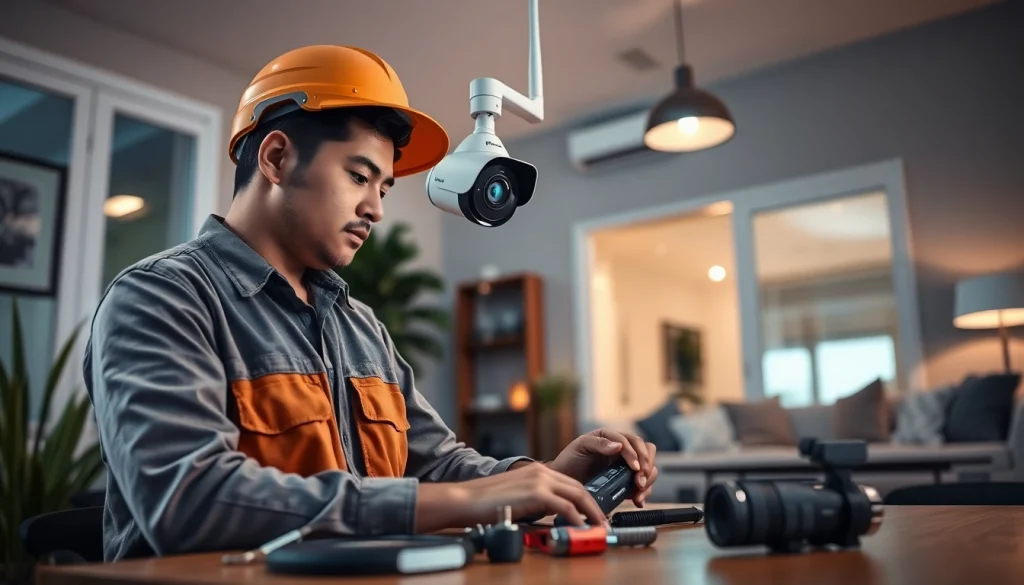 Instalación de soporte técnico en cámaras de seguridad en un hogar moderno, con un técnico trabajando.