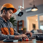 Instalación de soporte técnico en cámaras de seguridad en un hogar moderno, con un técnico trabajando.