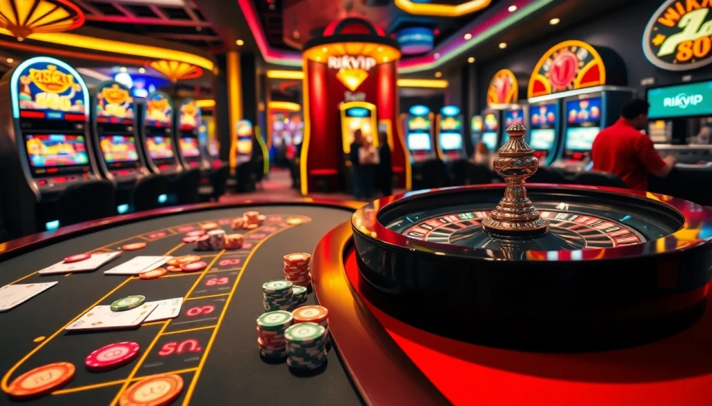 Experience the thrill of rikvip at a luxurious casino gaming table with vibrant poker chips and cards.