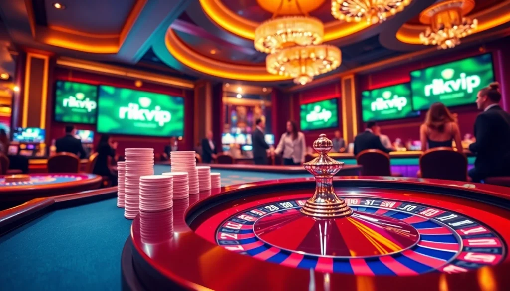 Players enjoy their time at rikvip's upscale online casino, with poker chips and a roulette wheel highlighting excitement.