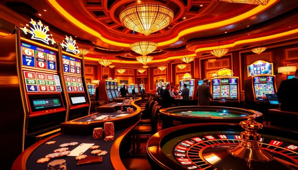 Players engaged at a luxurious casino showcasing nohu jackpots on slot machines.