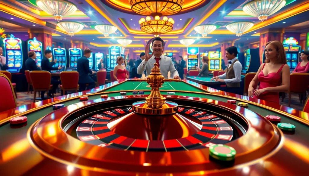 Experience the thrill of the trang chu luck8 casino with lively players, a roulette table, and colorful chips.