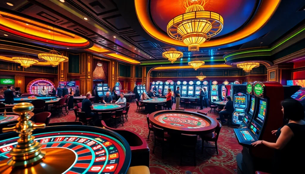 Experience the excitement of rikvip with players celebrating big wins at luxurious casino tables and vibrant slot machines.