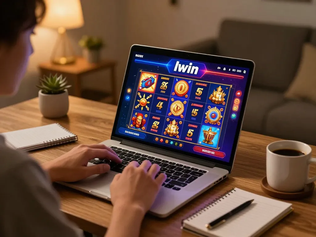 Iwin online gaming at home, featuring a player engaged with casino games, laptop screen visible.